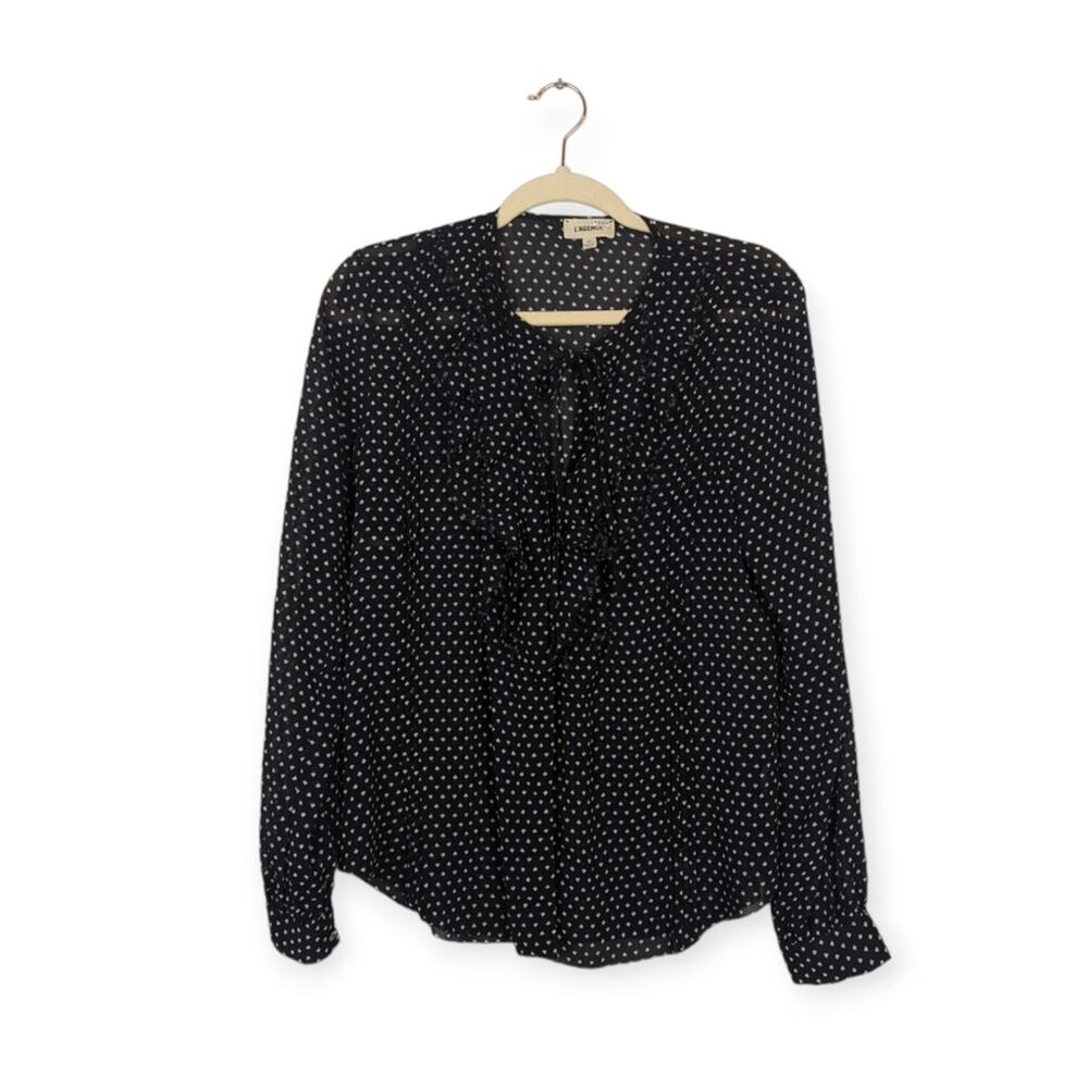 L'Agence Black & Ivory Carte A Jouer Spade Tabitha Ruffle Sheer Blouse Size S